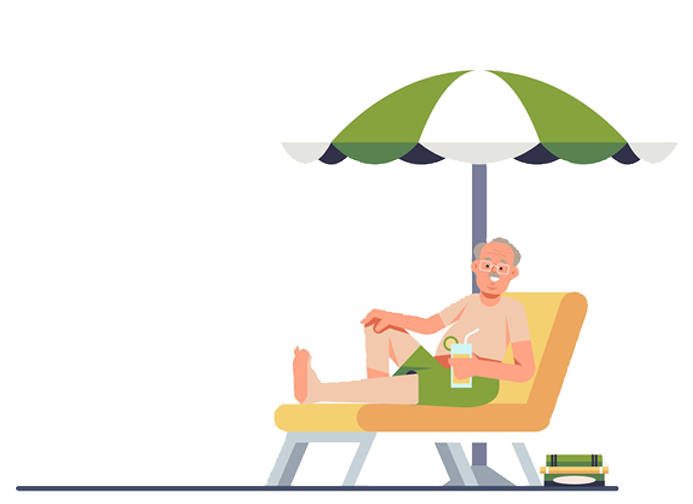 cartoon elderly man enjoying retirement lying on beach chair