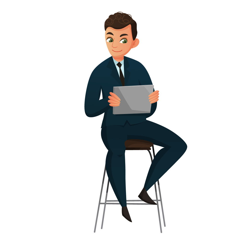 Manufacturing accountant sitting on stool with ipad graphic